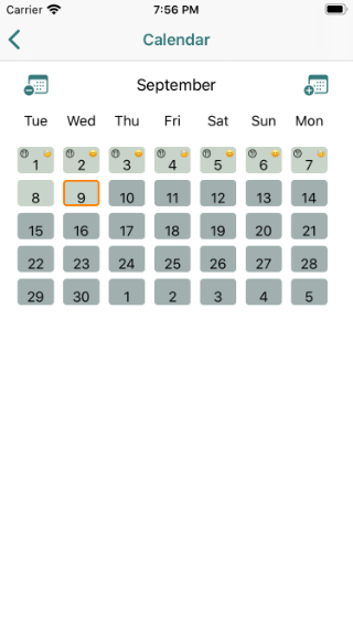 Calendar page showing meals, episodes and weights Calendar page showing meals, episodes and weights