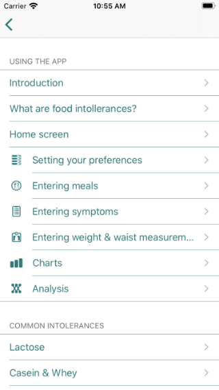 Guide page showing usage instructions and information on common intolerances Guide page showing usage instructions and information on common intolerances