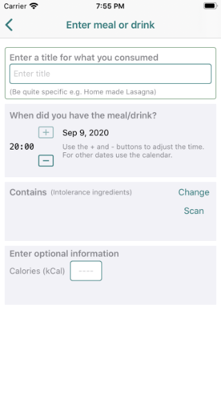 Meal entry page Meal entry page