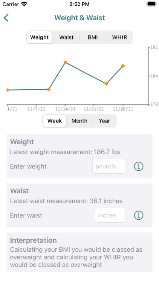 Weight and waist entry page Weight and waist entry page